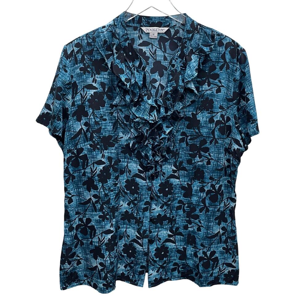 Pendleton  Abstract Floral Print Ruffle Bodice Short Sleeve Blouse Size 16